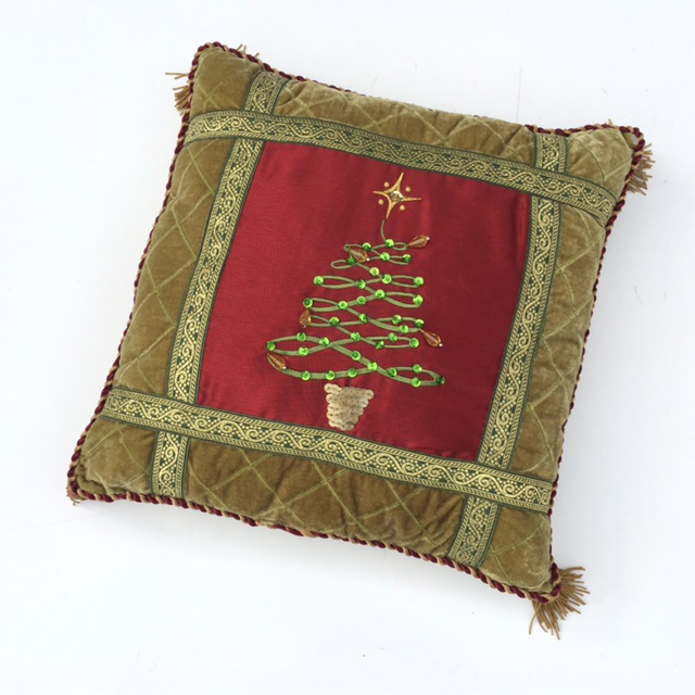 CUSHION, Green Khaki Velvet & Red Christmas Tree w Tassles 40cm